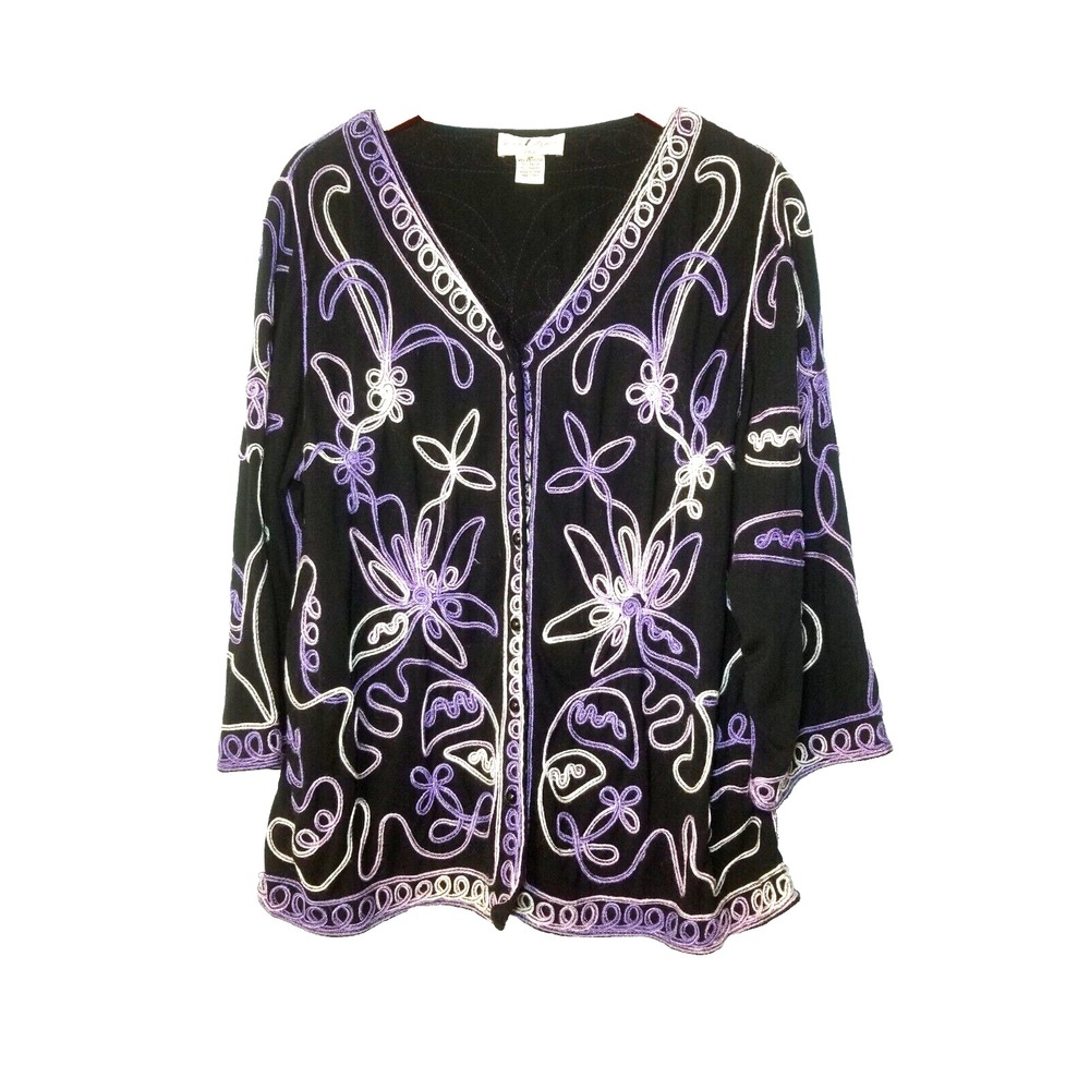 Once Again Womens Purple Ribbon Embroidered Button Front Jersey Knit Cardigan 2X